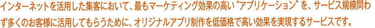 インターネットを活用した集客において、最もマーケティング効果の高い“アプリケーション”を、サービス規模問わず多くのお客様に活用してもらうために、オリジナルアプリ制作を低価格で高い効果を実現するサービスです。